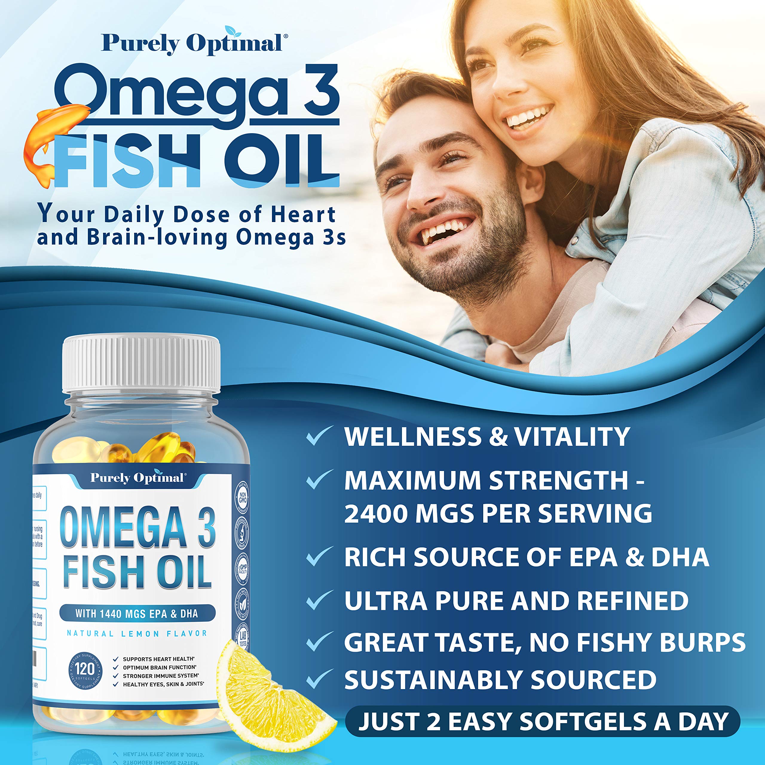 Premium Omega 3 Fish Oil Supplement 2400mg - Burpless Fish Oil Omega3 Softgels