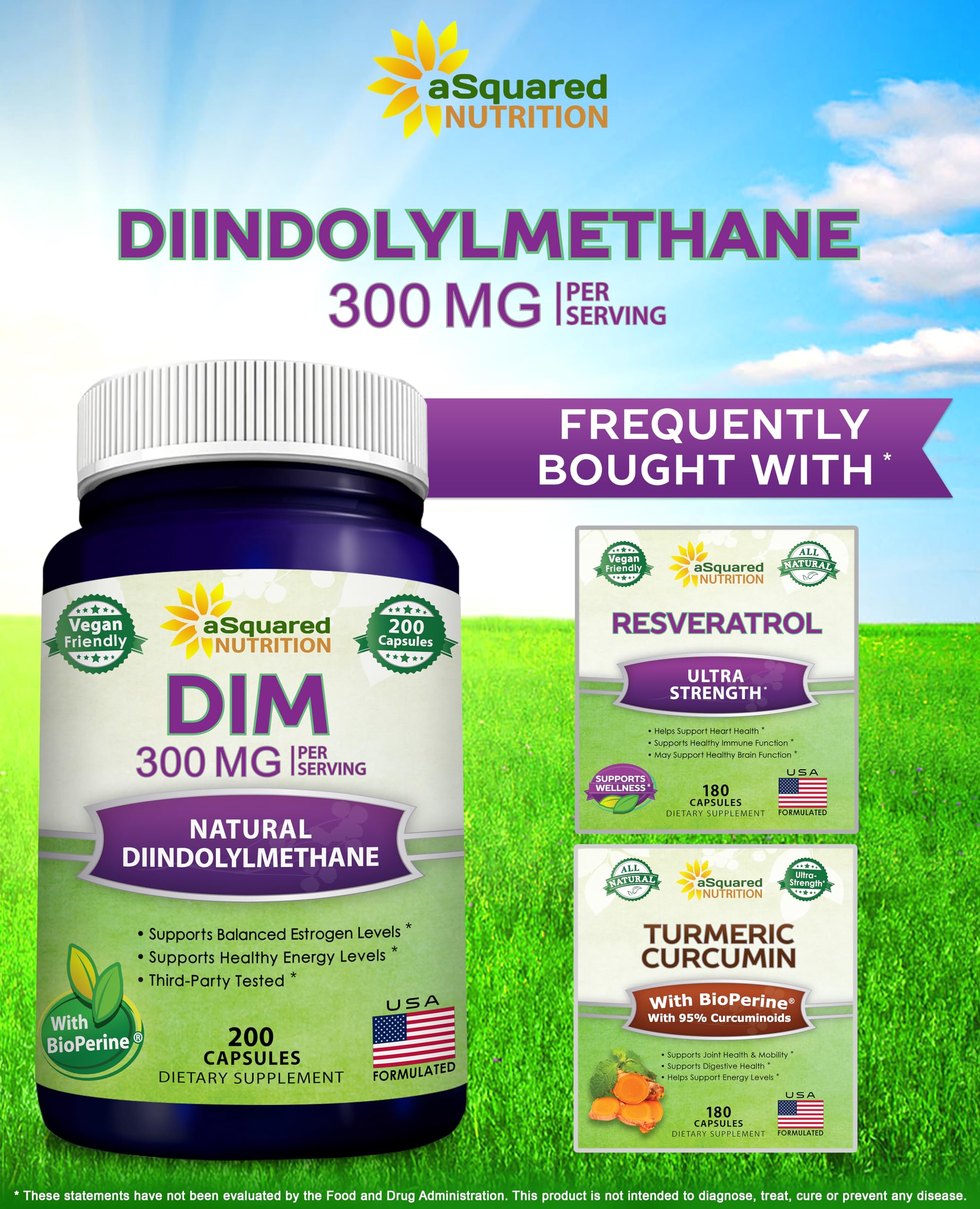 aSquared Nutrition DIM Supplement 300mg Plus BioPerine - 200 Veggie Capsules - Diindolylmethane DIM Max