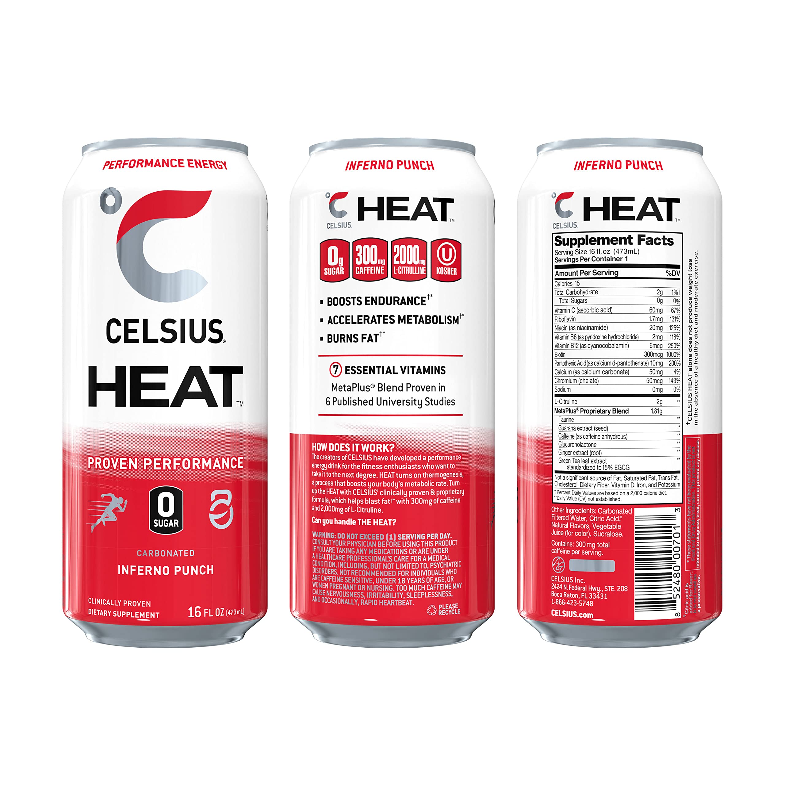 CELSIUS HEAT Inferno Punch Performance Energy Drink, Zero Sugar, 16oz. Can (Pack of 12)