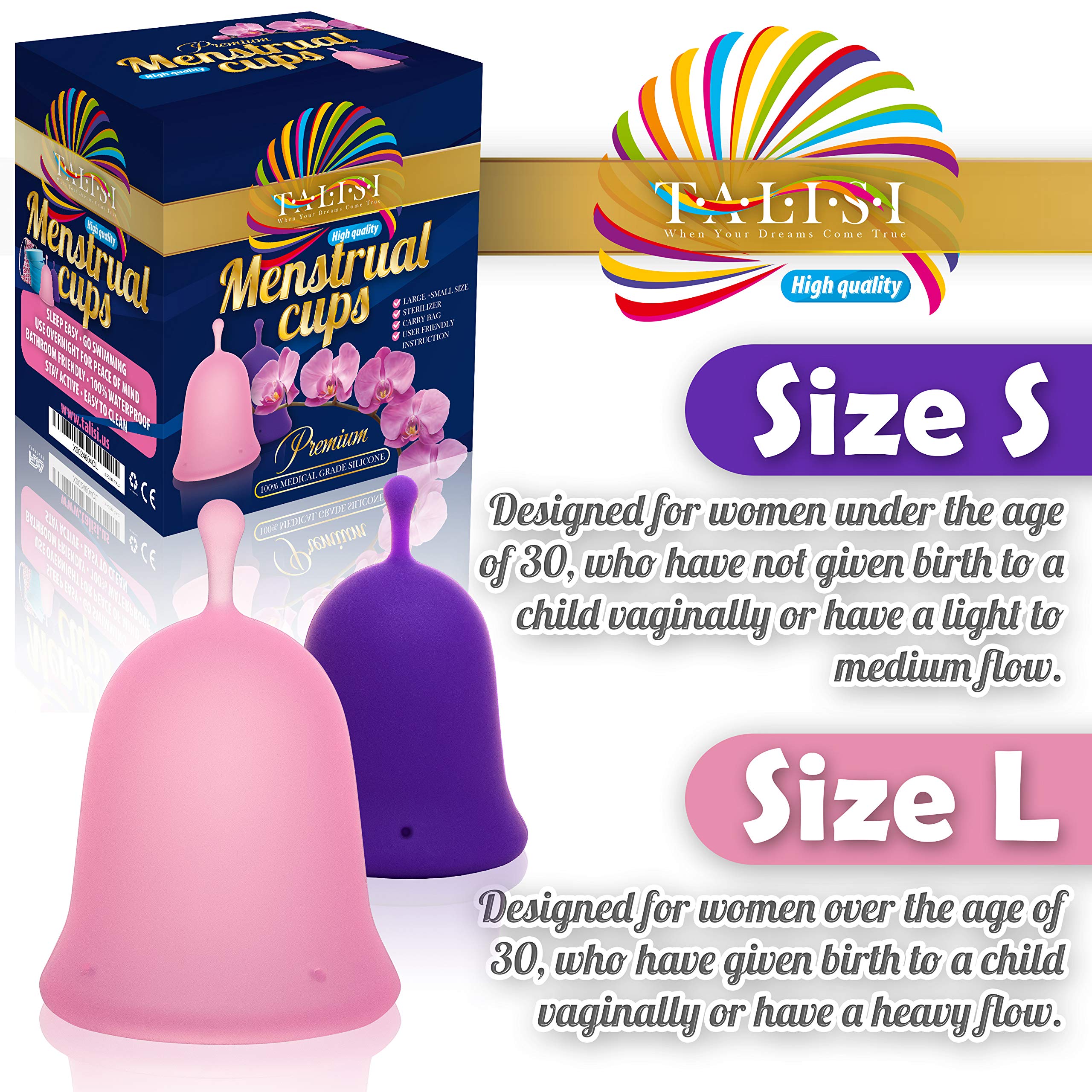 Talisi Menstrual Cups Set of 2 with Collapsible Silicone Sterilizer - Soft & Flexible Sensitive Feminine