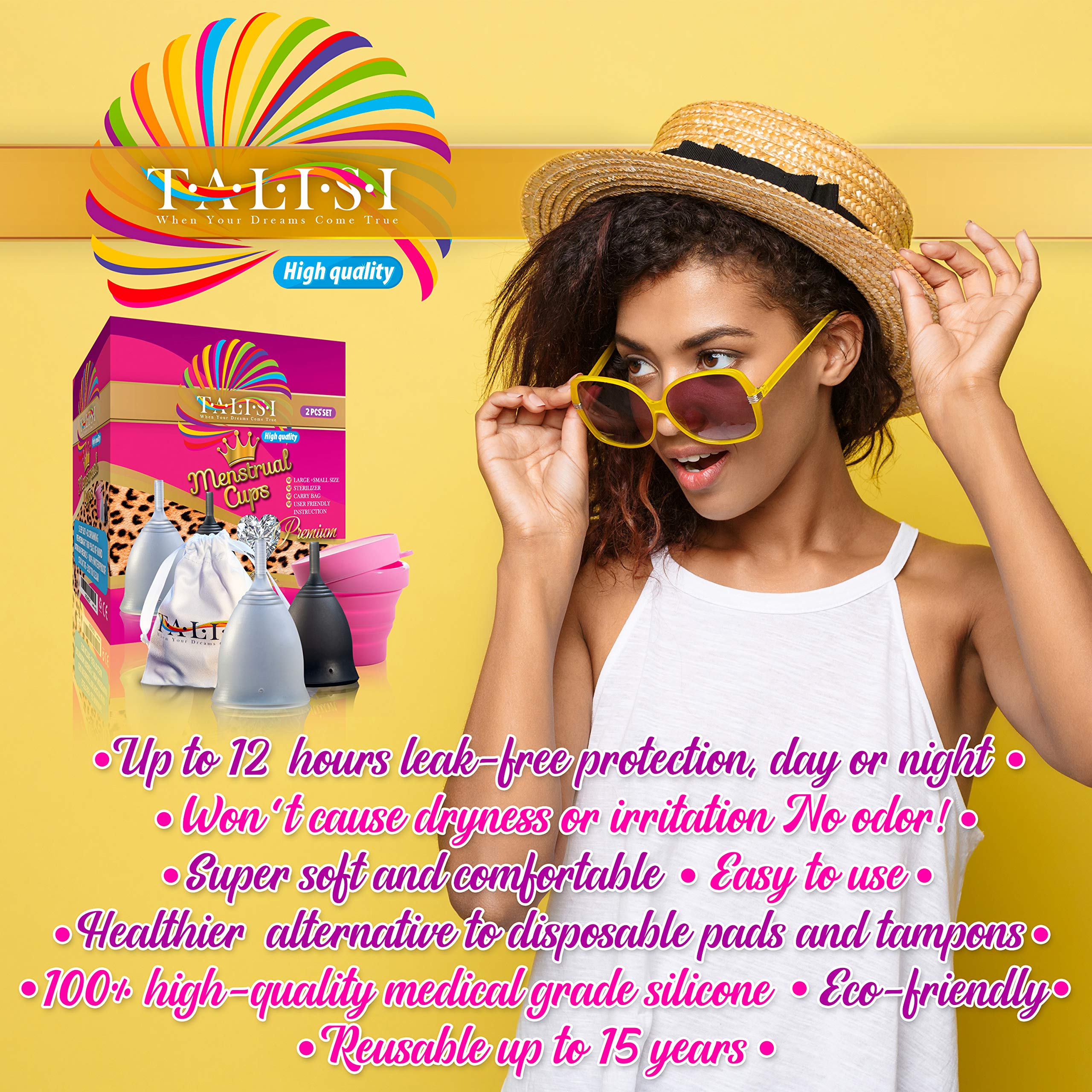 Talisi Soft Menstrual Cups Set of 2 - Reusable Period Cup for Women with Collapsible Case Holder Sterilizer