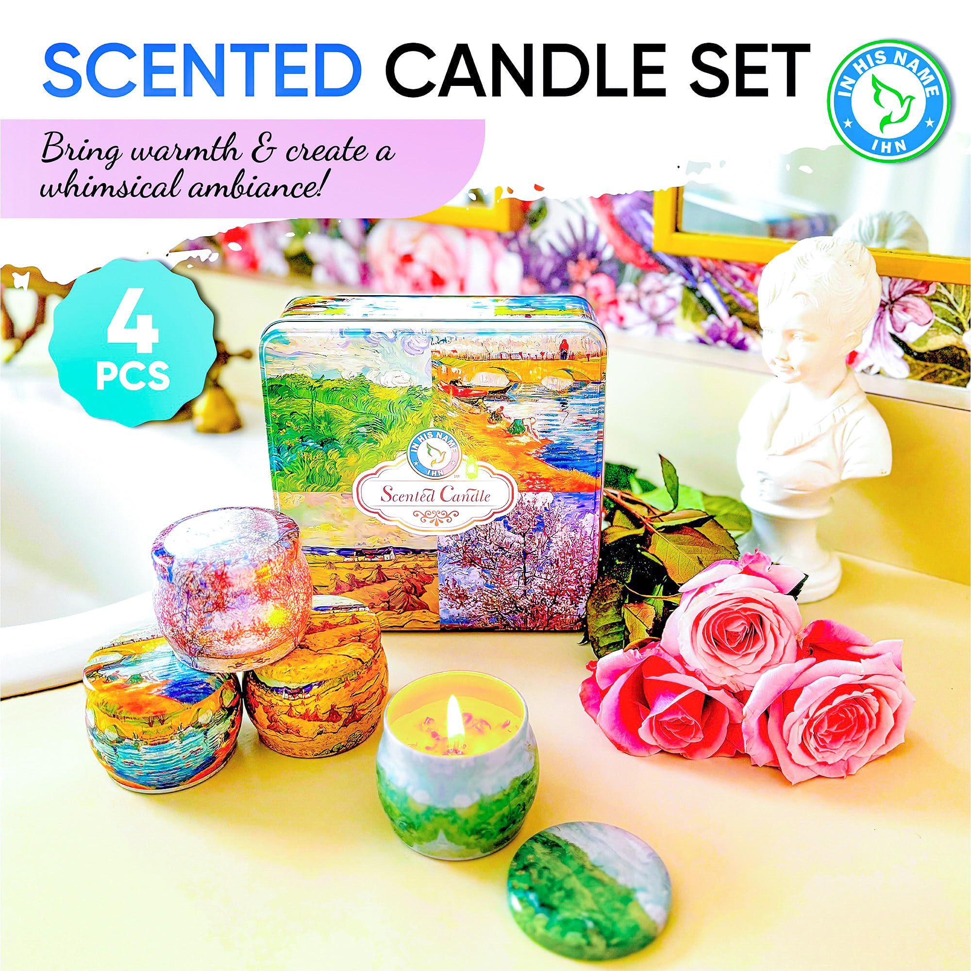 Scented Candles Gift for Women, 4 Pack, Reusable Tin Box, Luxury Candles for Home