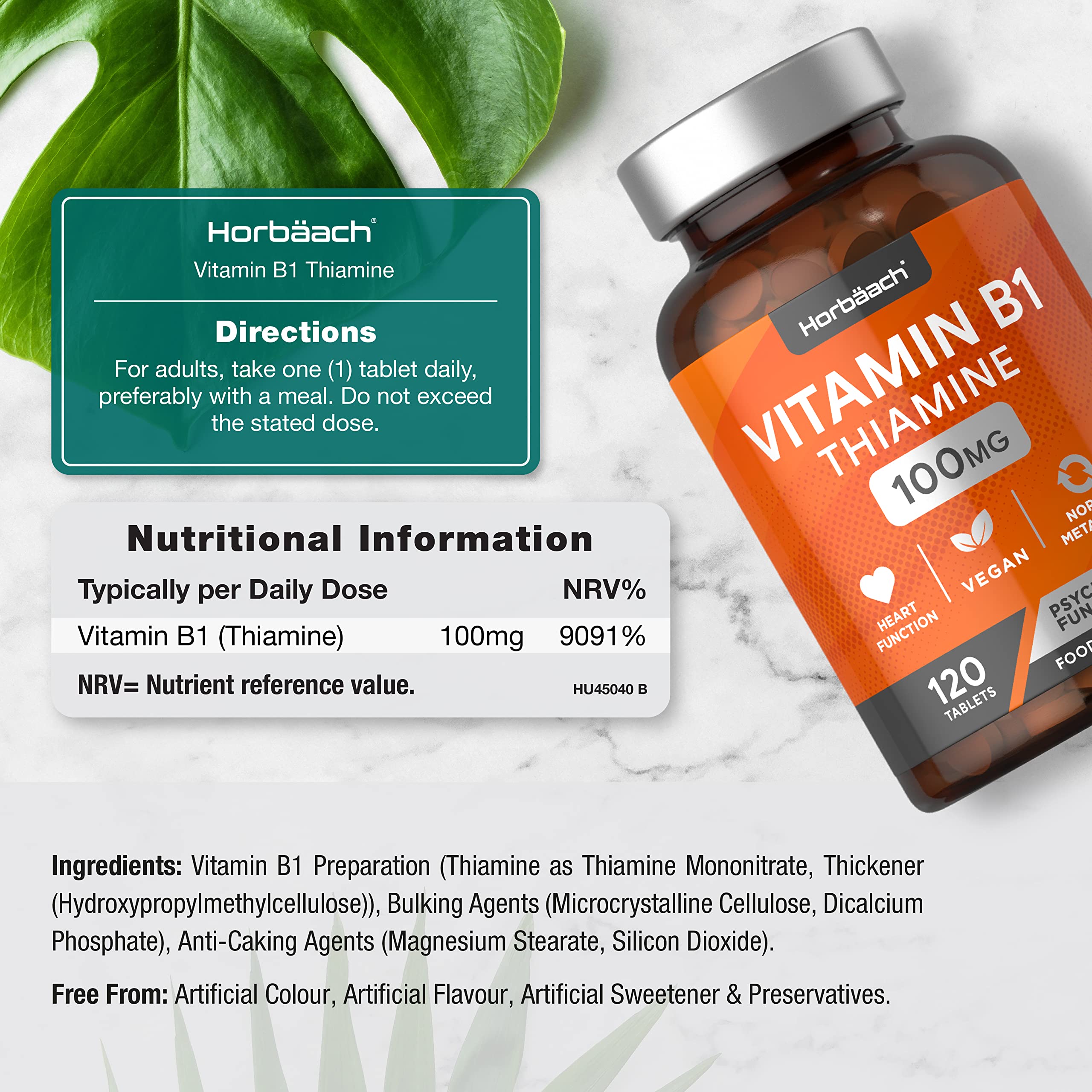 Vitamin B1 Thiamine High Strength 100mg | 120 Vegan Tablets | No Artificial