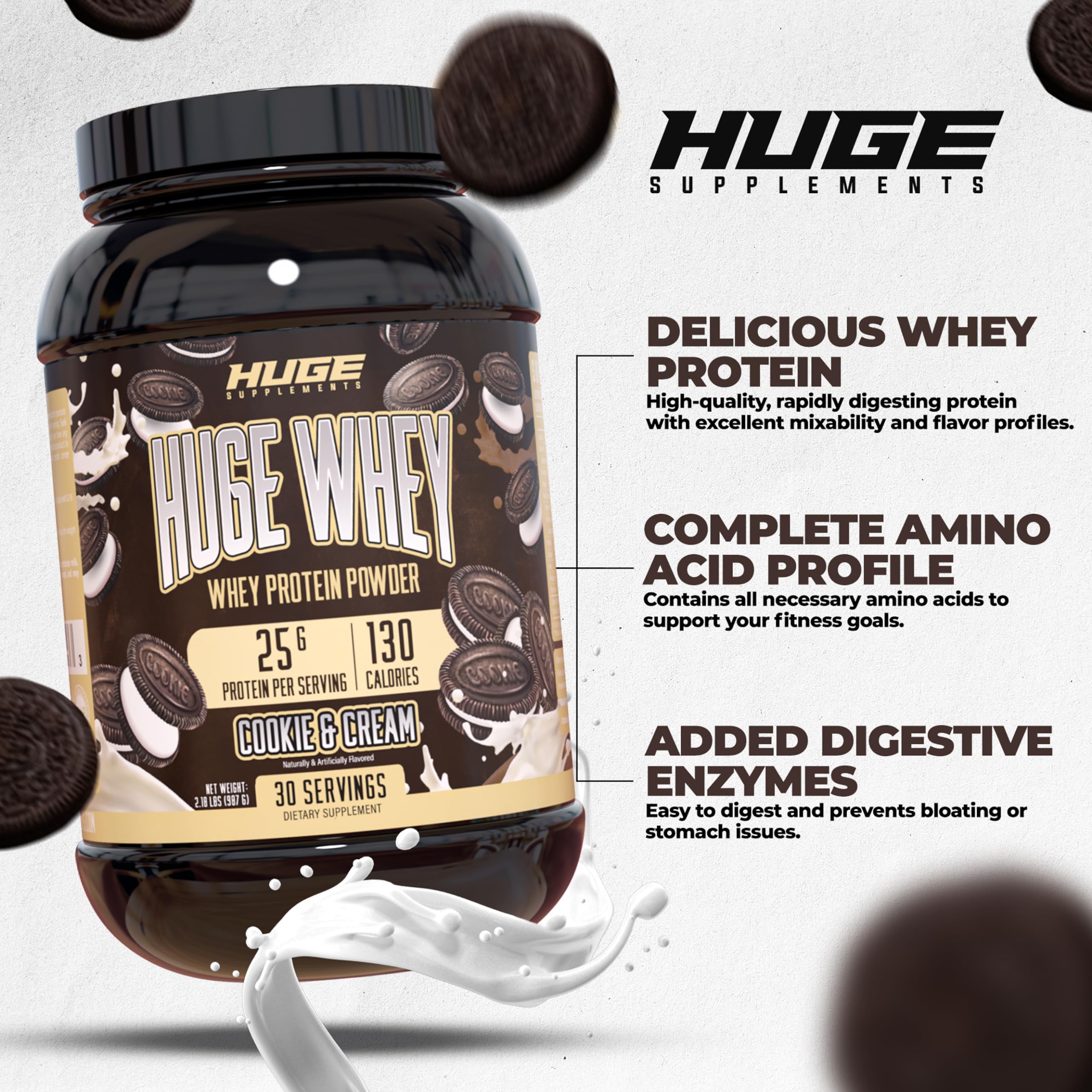 Huge Supplements Whey Protein Concentrate Powder, 25g Protein Per Serving, 5g BCAA