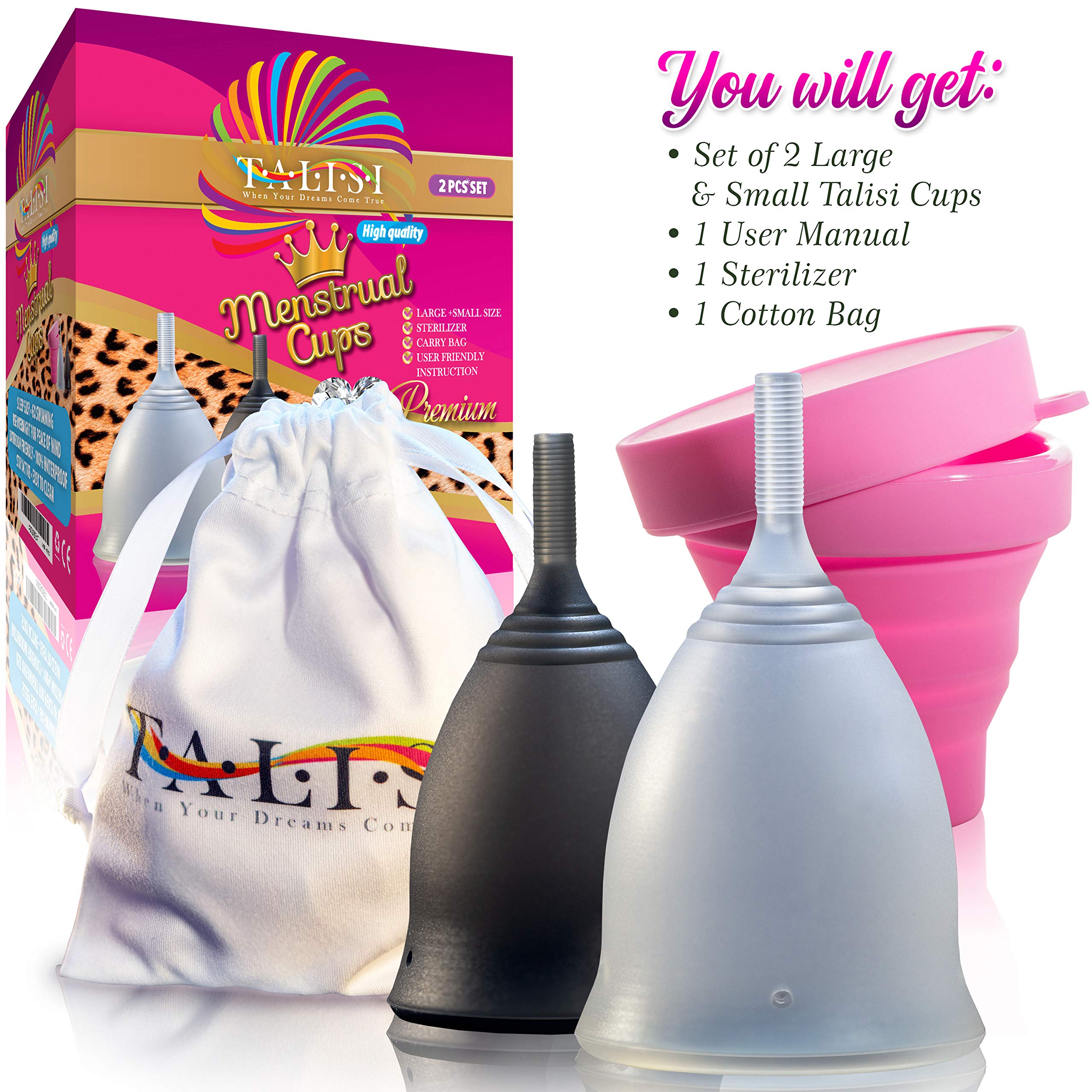 Talisi Soft Menstrual Cups Set of 2 - Reusable Period Cup for Women with Collapsible Case Holder Sterilizer