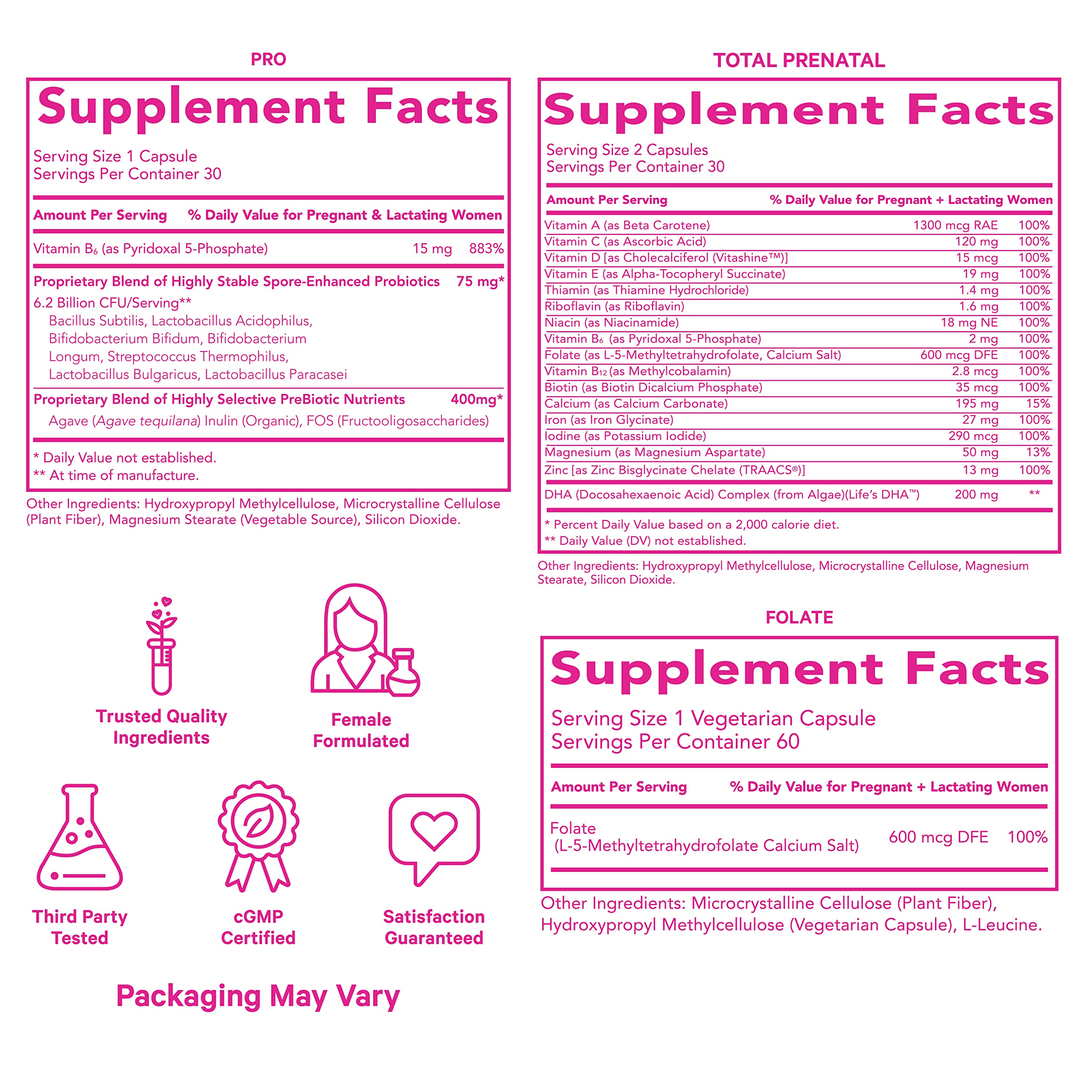 Pink Stork Ultimate Prenatal Vitamin Trio: Total Prenatal + Pro + Folate, Pregnancy Probiotic for Women