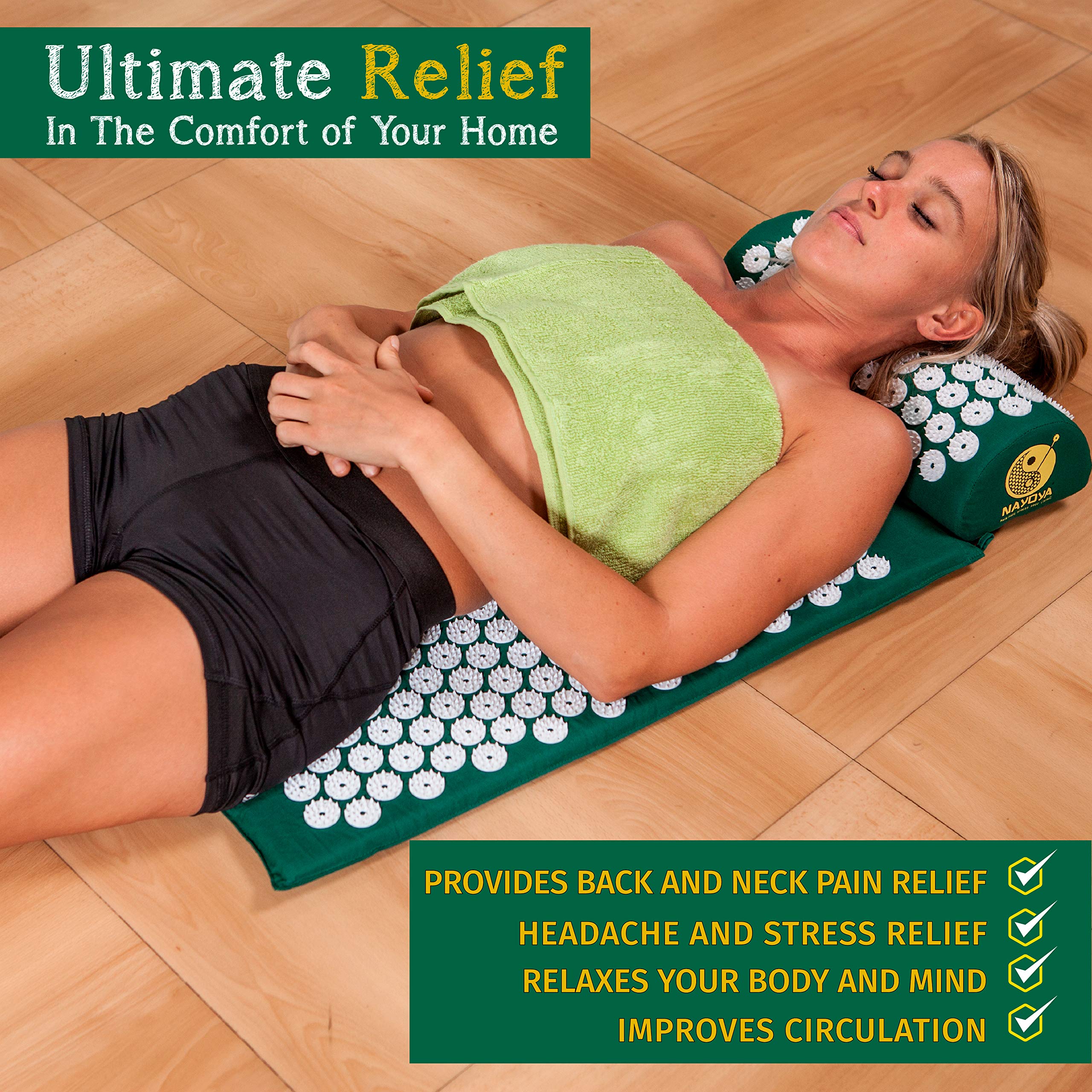 NAYOYA Neck and Back Pain Relief - Acupressure Mat and Neck Pillow Set - Relieves Stress and Sciatic Pain