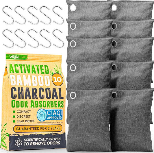 Activated Charcoal Odor Absorber Bags – 10-Pack Bamboo Deodorizer for Home & Car