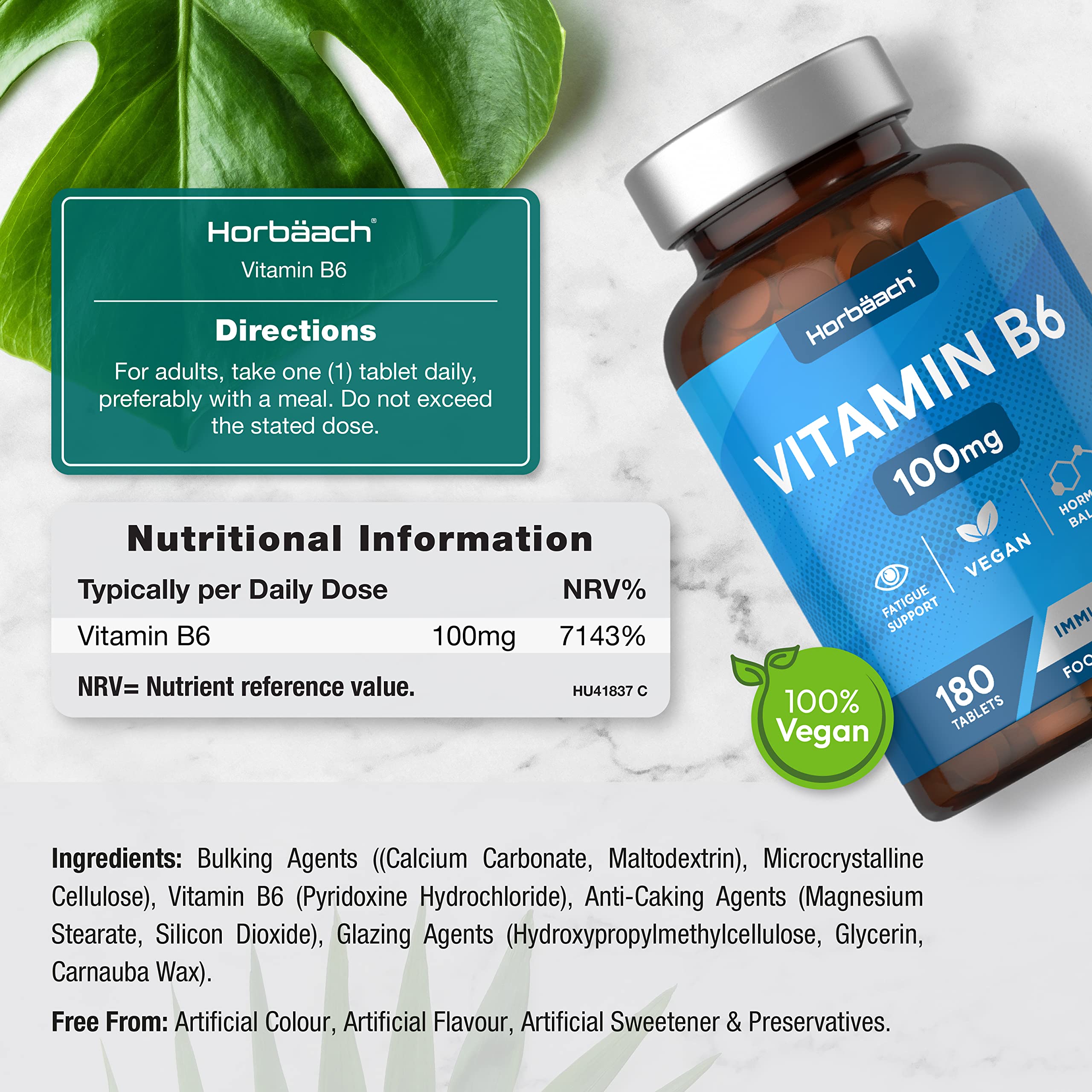 Vitamin B6 100mg | 180 High Strength Tablets | Regulation of Hormonal Activity & Fatigue