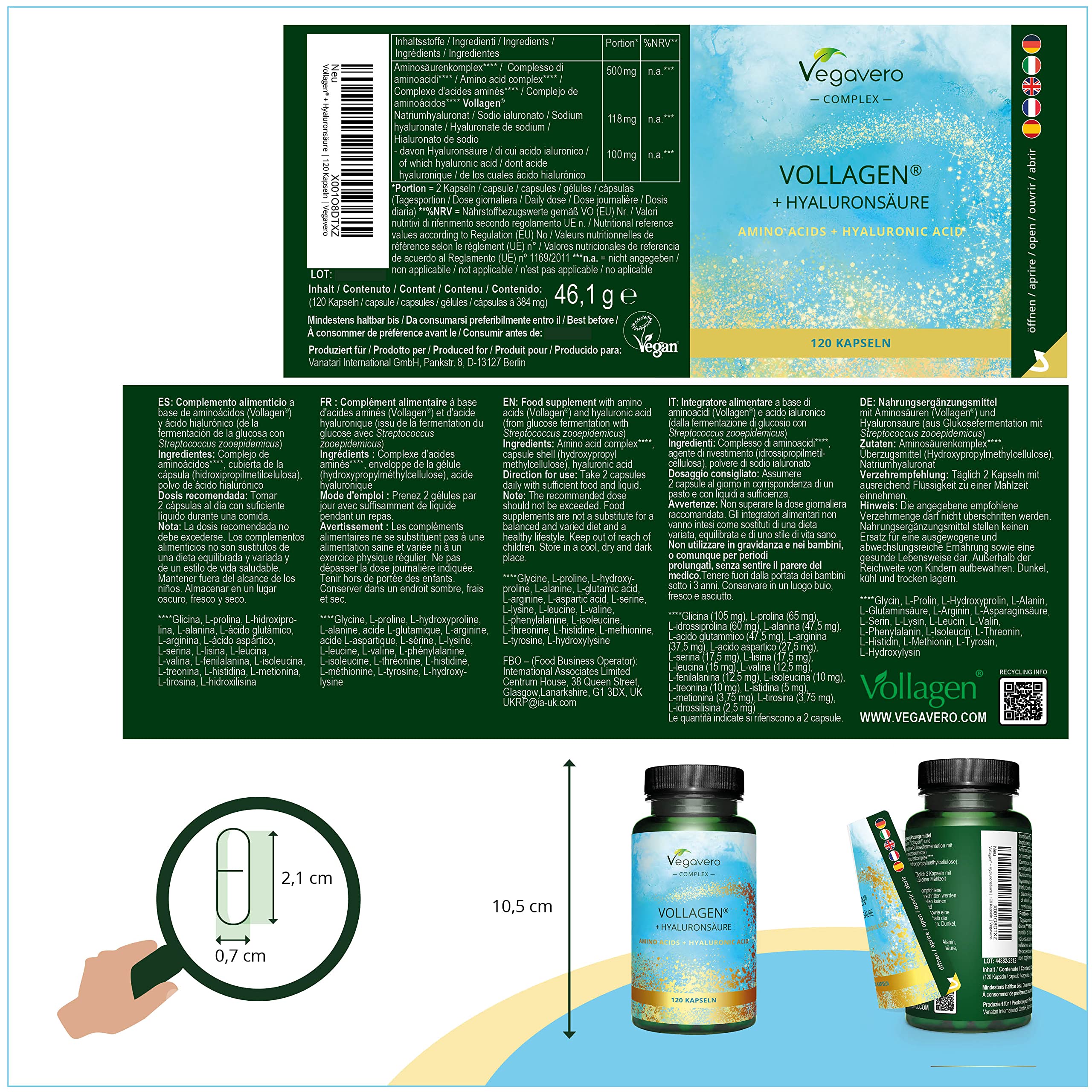 Vegavero Vegan Collagen Complex + Hyaluronic Acid | NO Additives | Vegan Collagen Powder Vollagen® | Essential Amino Acids | 120 Capsules