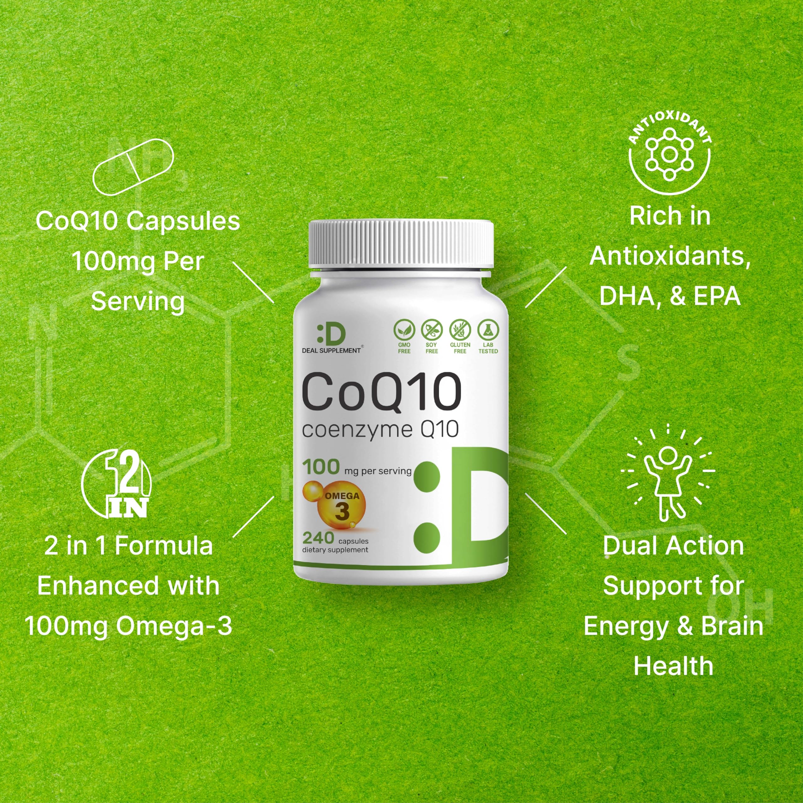 CoQ10 100mg, 240 Capsules – with Omega 3 Fatty Acid 100mg – Bioavailable Coenzyme