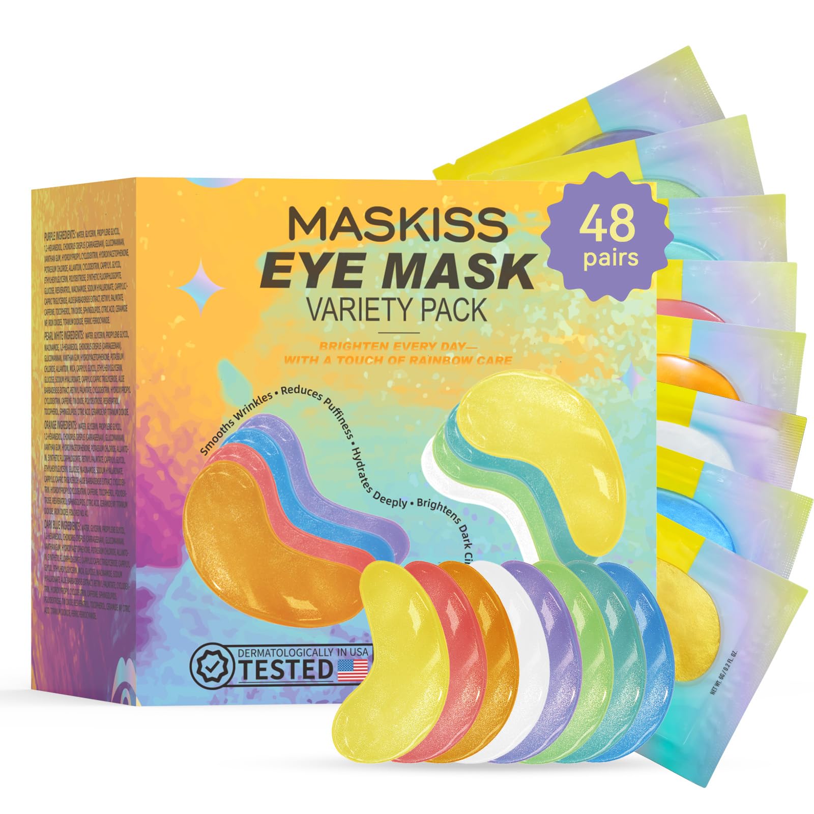 Maskiss 48 Pairs Variety Pack Eye Masks - 8 Different Colors and Formulas for Under Eye Treatment
